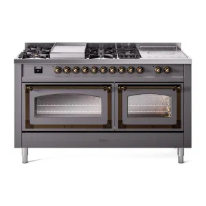 Ilve UN60FSNMPMGBLP Ilve Un60Fsnmpmgblp Nostalgie Ii Noblesse 60" Dual Fuel Range (7 Sealed Burners   Griddle   French Top, Liquid Propane, Triple Glass Door, Graphite Matte, Burnished)