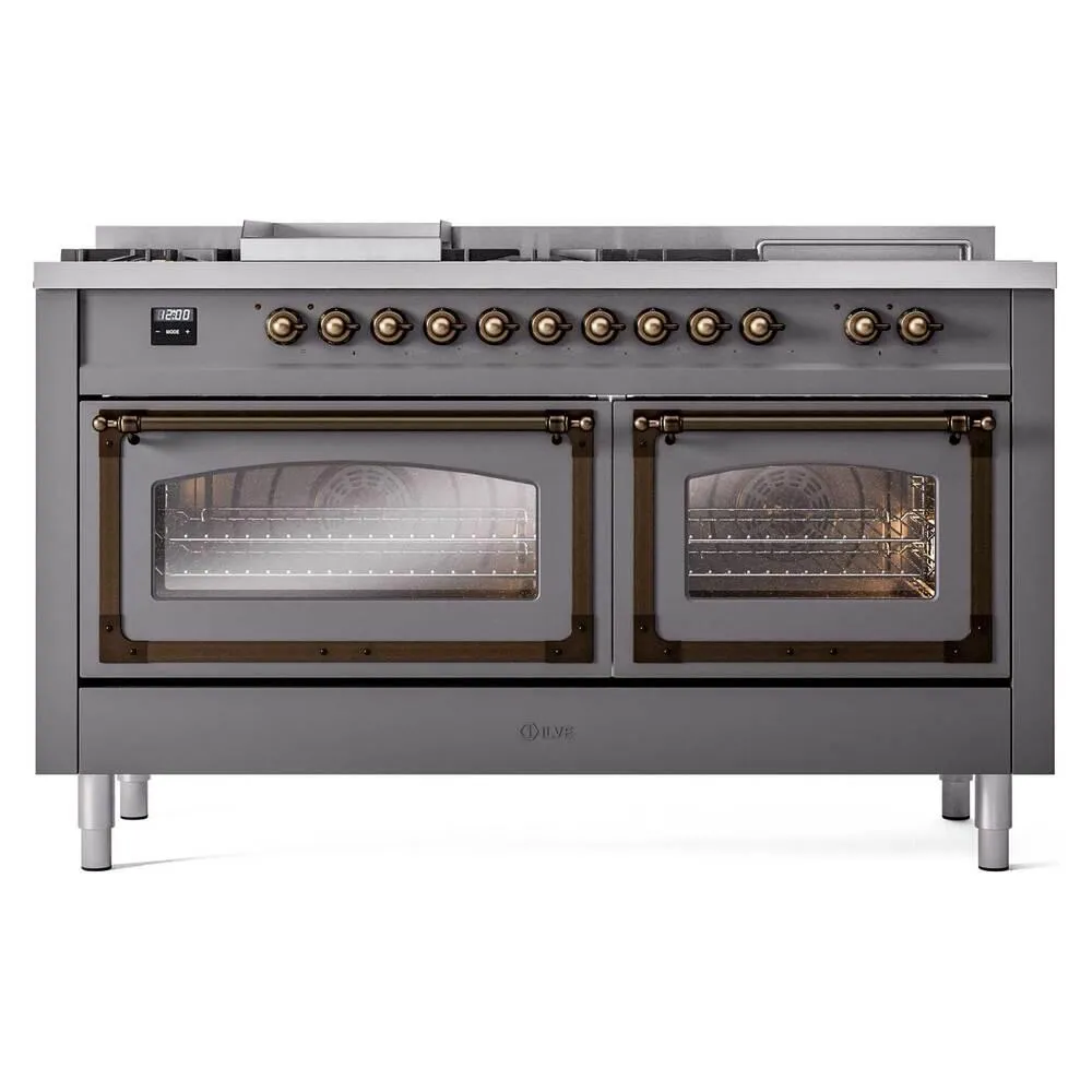 Ilve UN60FSNMPMGBLP Ilve Un60Fsnmpmgblp Nostalgie Ii Noblesse 60" Dual Fuel Range (7 Sealed Burners   Griddle   French Top, Liquid Propane, Triple Glass Door, Graphite Matte, Burnished)