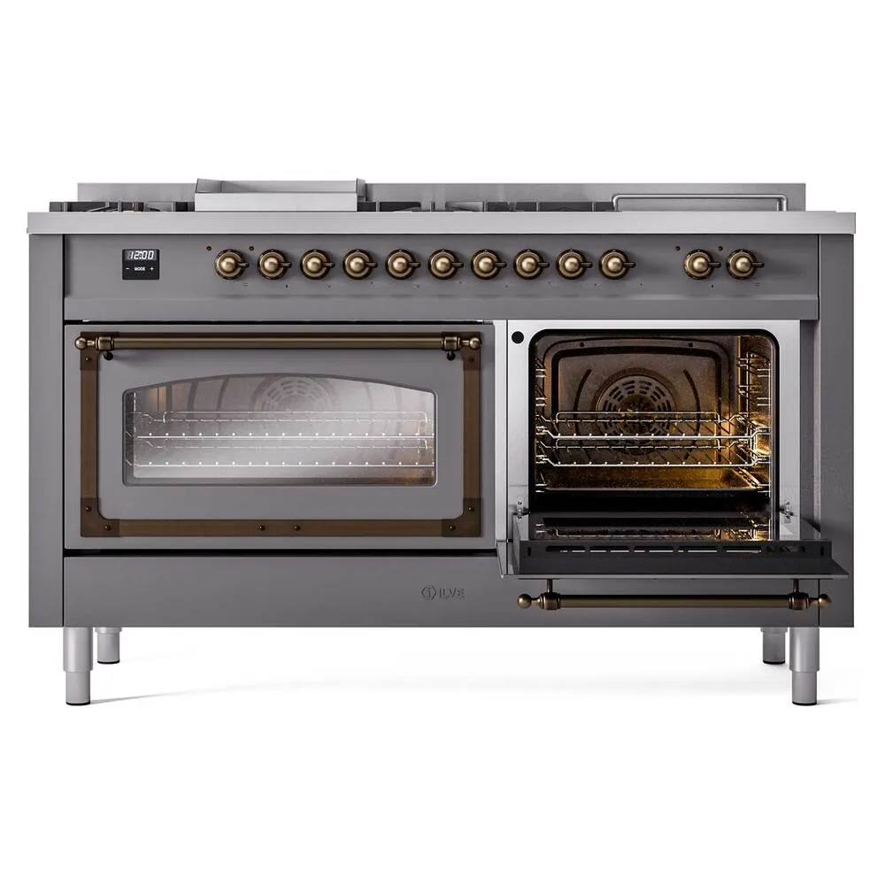 Ilve UN60FSNMPMGBLP Ilve Un60Fsnmpmgblp Nostalgie Ii Noblesse 60" Dual Fuel Range (7 Sealed Burners   Griddle   French Top, Liquid Propane, Triple Glass Door, Graphite Matte, Burnished)