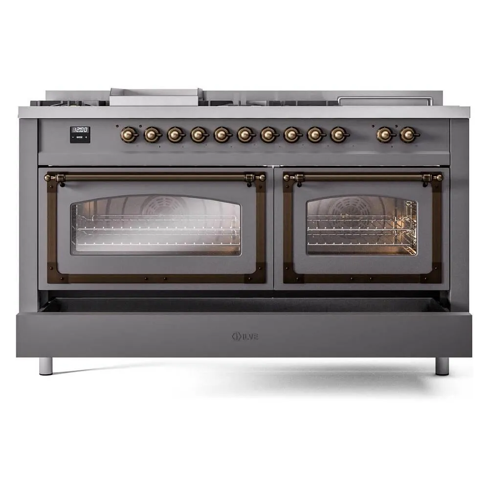 Ilve UN60FSNMPMGBLP Ilve Un60Fsnmpmgblp Nostalgie Ii Noblesse 60" Dual Fuel Range (7 Sealed Burners   Griddle   French Top, Liquid Propane, Triple Glass Door, Graphite Matte, Burnished)