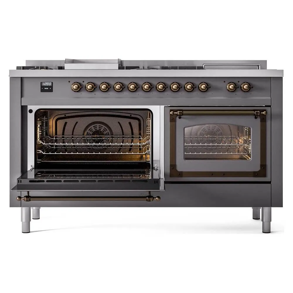 Ilve UN60FSNMPMGBLP Ilve Un60Fsnmpmgblp Nostalgie Ii Noblesse 60" Dual Fuel Range (7 Sealed Burners   Griddle   French Top, Liquid Propane, Triple Glass Door, Graphite Matte, Burnished)