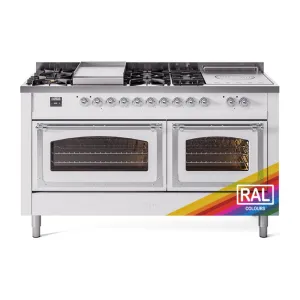 Ilve UN60FSNMPRAC Ilve Un60Fsnmprac Nostalgie Ii Noblesse 60" Dual Fuel Range (7 Sealed Burners   Griddle   French Top, Natural Gas, Triple Glass Door, Ral, Chrome)