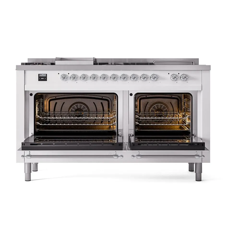 Ilve UN60FSNMPRAC Ilve Un60Fsnmprac Nostalgie Ii Noblesse 60" Dual Fuel Range (7 Sealed Burners   Griddle   French Top, Natural Gas, Triple Glass Door, Ral, Chrome)