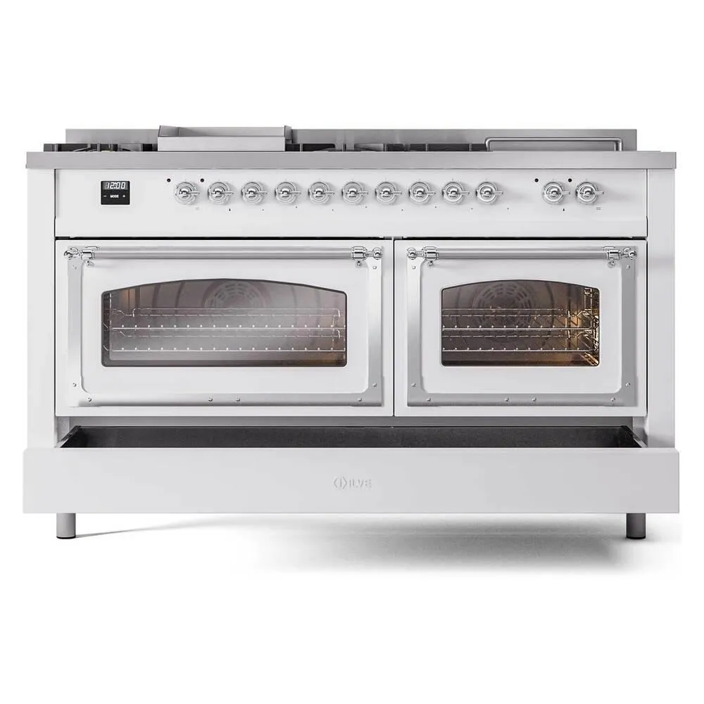Ilve UN60FSNMPRAC Ilve Un60Fsnmprac Nostalgie Ii Noblesse 60" Dual Fuel Range (7 Sealed Burners   Griddle   French Top, Natural Gas, Triple Glass Door, Ral, Chrome)