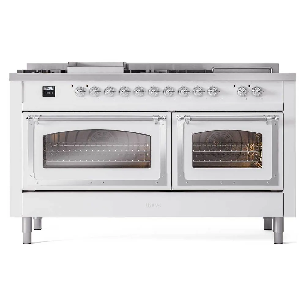 Ilve UN60FSNMPRAC Ilve Un60Fsnmprac Nostalgie Ii Noblesse 60" Dual Fuel Range (7 Sealed Burners   Griddle   French Top, Natural Gas, Triple Glass Door, Ral, Chrome)