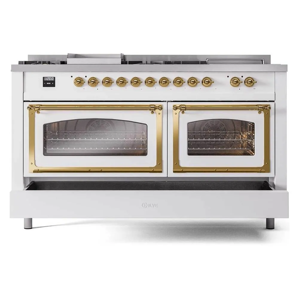 Ilve UN60FSNMPRAGLP Ilve Un60Fsnmpraglp Nostalgie Ii Noblesse 60" Dual Fuel Range (7 Sealed Burners   Griddle   French Top, Liquid Propane, Triple Glass Door, Ral, Brass)