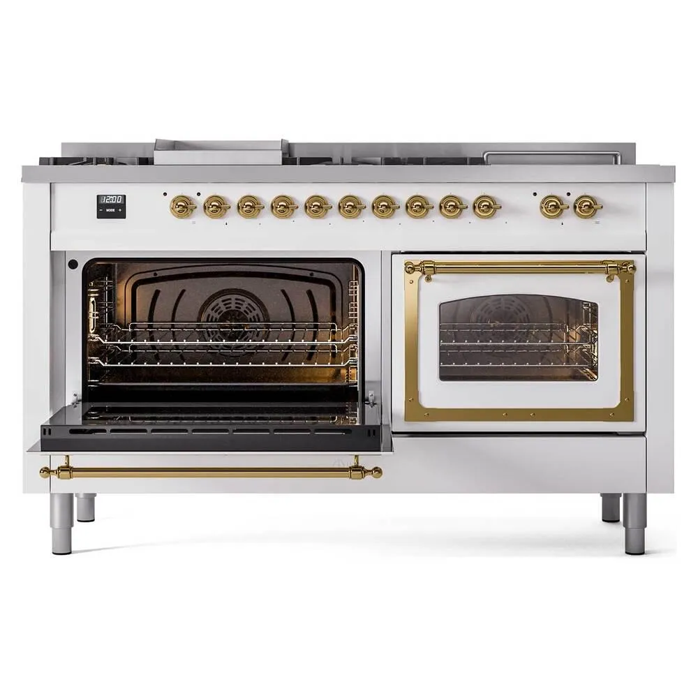 Ilve UN60FSNMPRAGLP Ilve Un60Fsnmpraglp Nostalgie Ii Noblesse 60" Dual Fuel Range (7 Sealed Burners   Griddle   French Top, Liquid Propane, Triple Glass Door, Ral, Brass)