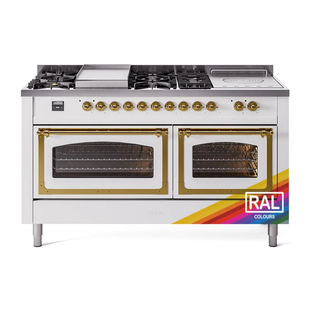 Ilve UN60FSNMPRAGLP Ilve Un60Fsnmpraglp Nostalgie Ii Noblesse 60" Dual Fuel Range (7 Sealed Burners   Griddle   French Top, Liquid Propane, Triple Glass Door, Ral, Brass)
