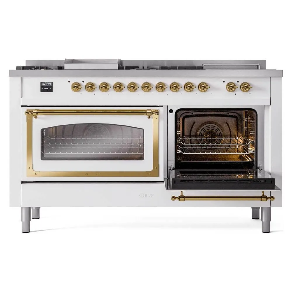 Ilve UN60FSNMPRAGLP Ilve Un60Fsnmpraglp Nostalgie Ii Noblesse 60" Dual Fuel Range (7 Sealed Burners   Griddle   French Top, Liquid Propane, Triple Glass Door, Ral, Brass)
