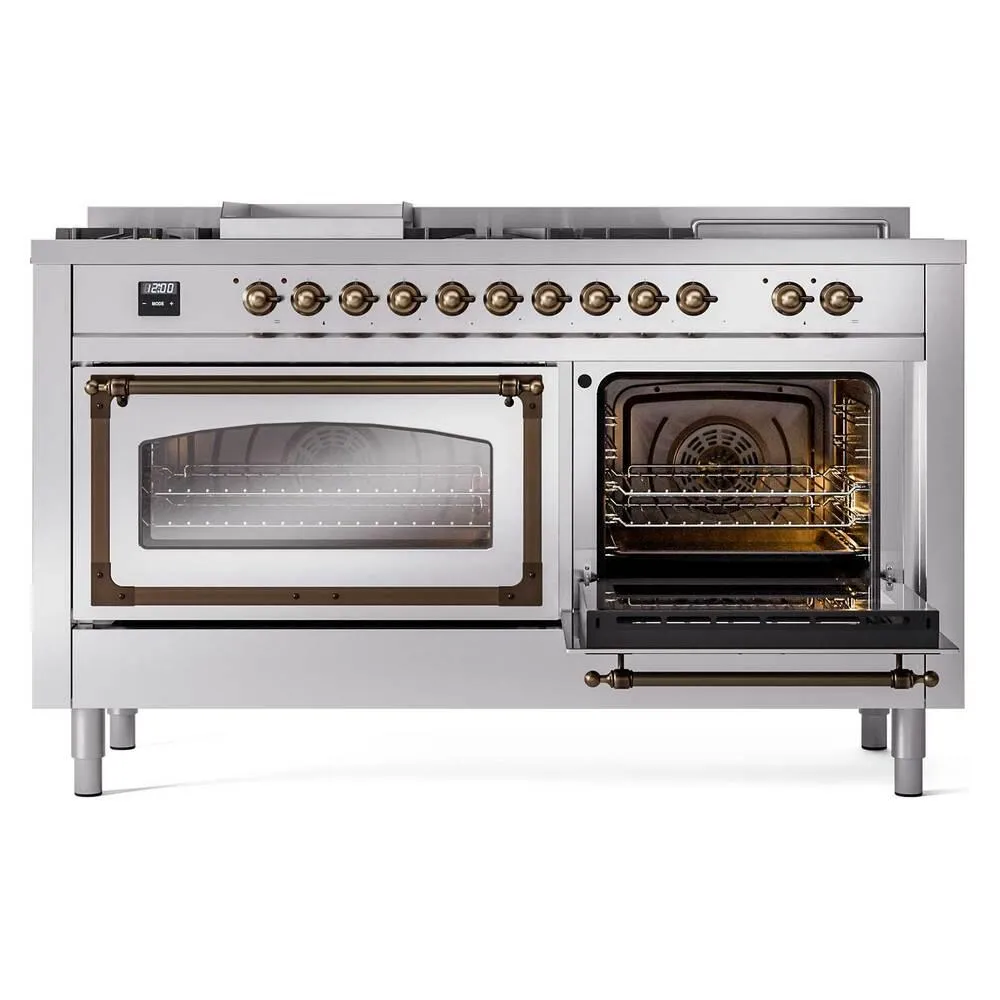 Ilve UN60FSNMPSSB Ilve Un60Fsnmpssb Nostalgie Ii Noblesse 60" Dual Fuel Range (7 Sealed Burners   Griddle   French Top, Natural Gas, Triple Glass Door, Stainless Steel, Burnished)