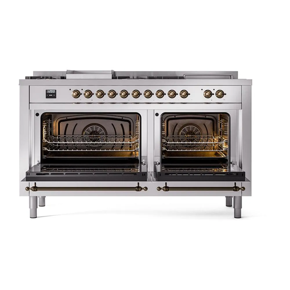 Ilve UN60FSNMPSSB Ilve Un60Fsnmpssb Nostalgie Ii Noblesse 60" Dual Fuel Range (7 Sealed Burners   Griddle   French Top, Natural Gas, Triple Glass Door, Stainless Steel, Burnished)