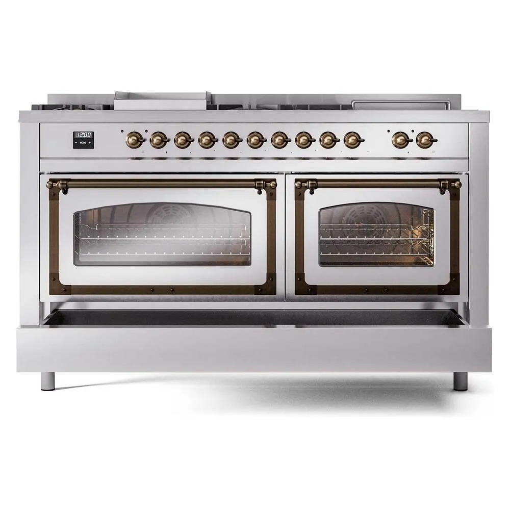 Ilve UN60FSNMPSSB Ilve Un60Fsnmpssb Nostalgie Ii Noblesse 60" Dual Fuel Range (7 Sealed Burners   Griddle   French Top, Natural Gas, Triple Glass Door, Stainless Steel, Burnished)