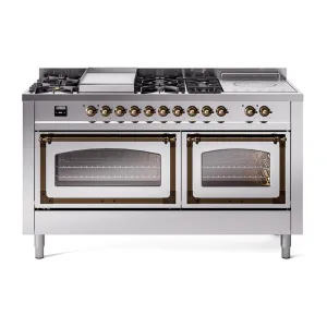 Ilve UN60FSNMPSSB Ilve Un60Fsnmpssb Nostalgie Ii Noblesse 60" Dual Fuel Range (7 Sealed Burners   Griddle   French Top, Natural Gas, Triple Glass Door, Stainless Steel, Burnished)
