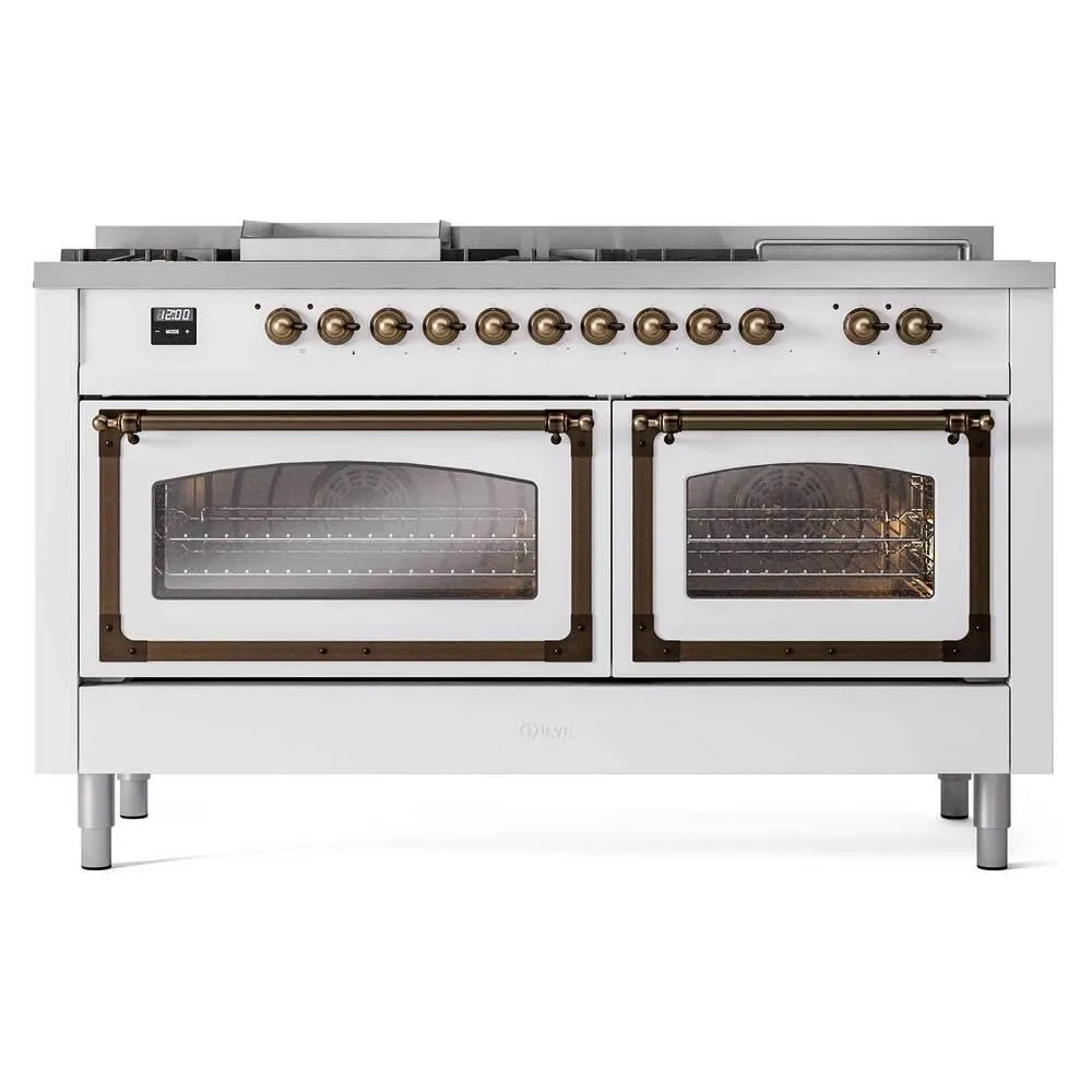 Ilve UN60FSNMPWHB Ilve Un60Fsnmpwhb Nostalgie Ii Noblesse 60" Dual Fuel Range (7 Sealed Burners   Griddle   French Top, Natural Gas, Triple Glass Door, White, Burnished)