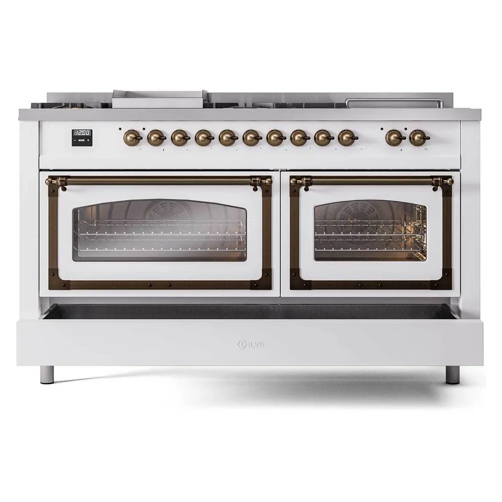 Ilve UN60FSNMPWHB Ilve Un60Fsnmpwhb Nostalgie Ii Noblesse 60" Dual Fuel Range (7 Sealed Burners   Griddle   French Top, Natural Gas, Triple Glass Door, White, Burnished)