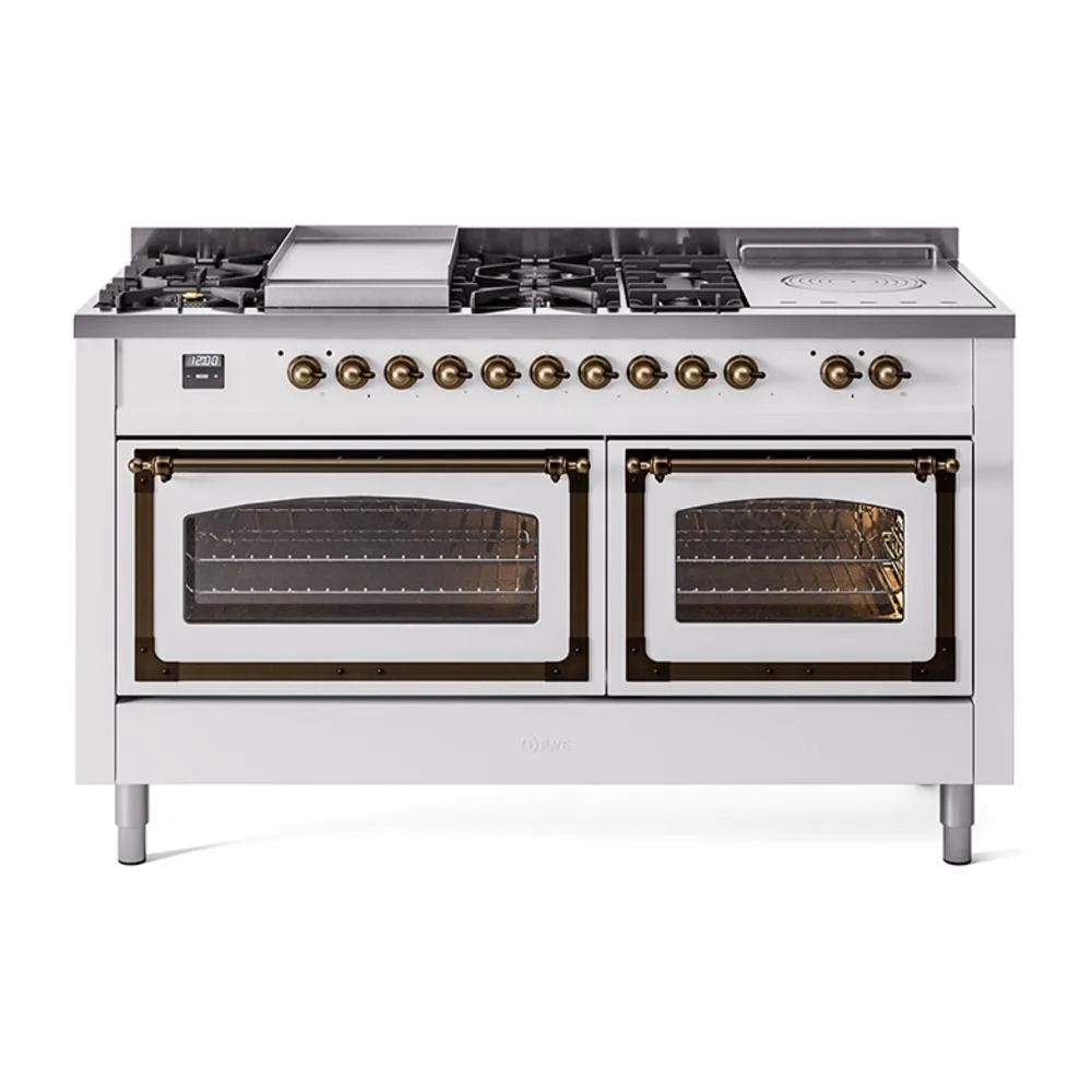 Ilve UN60FSNMPWHB Ilve Un60Fsnmpwhb Nostalgie Ii Noblesse 60" Dual Fuel Range (7 Sealed Burners   Griddle   French Top, Natural Gas, Triple Glass Door, White, Burnished)
