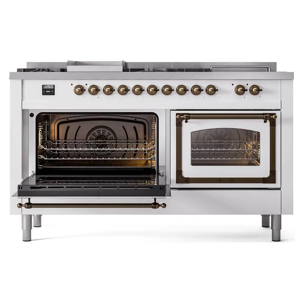Ilve UN60FSNMPWHB Ilve Un60Fsnmpwhb Nostalgie Ii Noblesse 60" Dual Fuel Range (7 Sealed Burners   Griddle   French Top, Natural Gas, Triple Glass Door, White, Burnished)