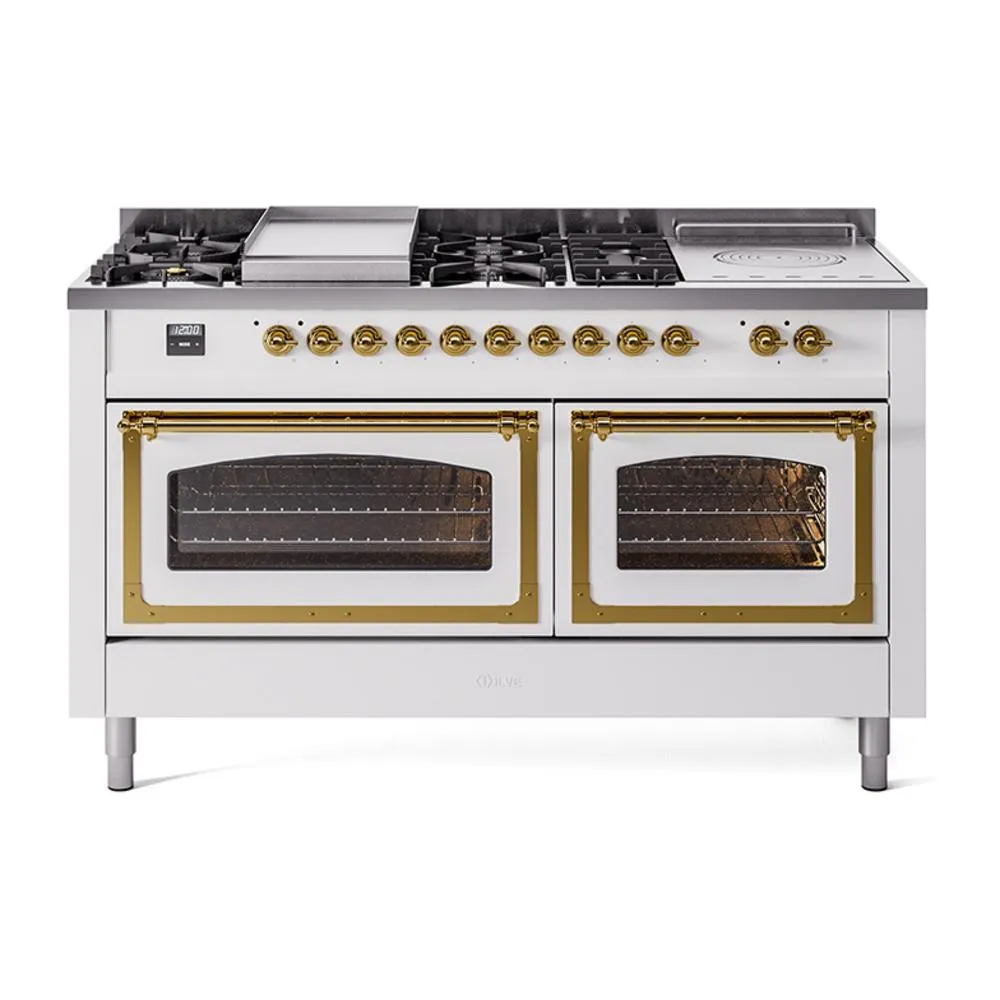 Ilve UN60FSNMPWHGLP Ilve Un60Fsnmpwhglp Nostalgie Ii Noblesse 60" Dual Fuel Range (7 Sealed Burners   Griddle   French Top, Liquid Propane, Triple Glass Door, White, Brass)