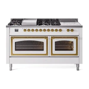Ilve UN60FSNMPWHGLP Ilve Un60Fsnmpwhglp Nostalgie Ii Noblesse 60" Dual Fuel Range (7 Sealed Burners   Griddle   French Top, Liquid Propane, Triple Glass Door, White, Brass)