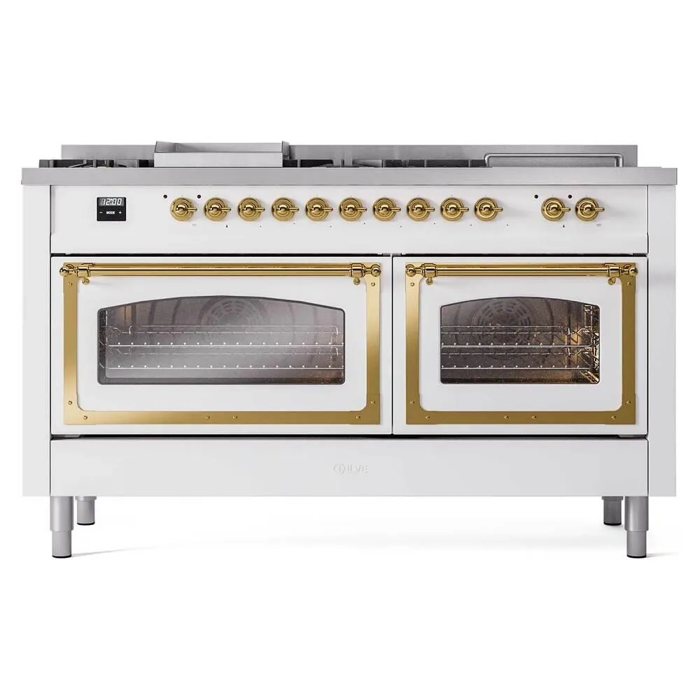 Ilve UN60FSNMPWHGLP Ilve Un60Fsnmpwhglp Nostalgie Ii Noblesse 60" Dual Fuel Range (7 Sealed Burners   Griddle   French Top, Liquid Propane, Triple Glass Door, White, Brass)