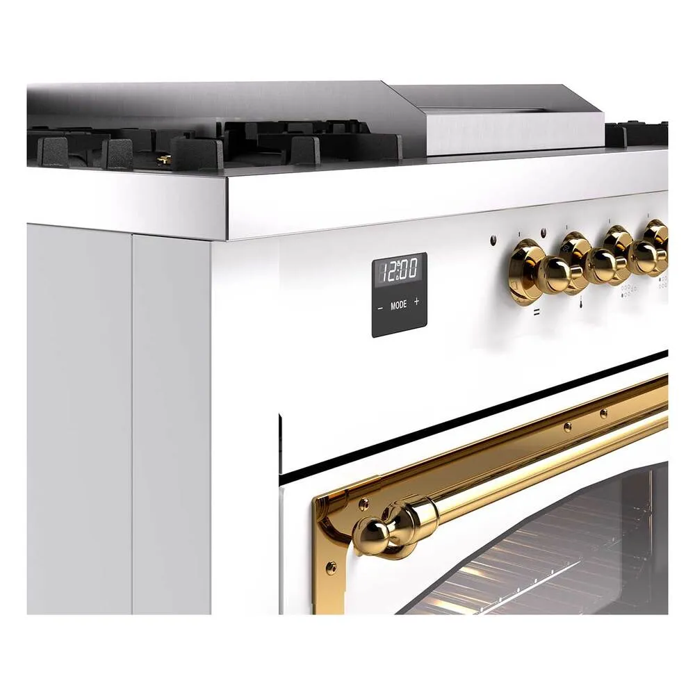 Ilve UN60FSNMPWHGLP Ilve Un60Fsnmpwhglp Nostalgie Ii Noblesse 60" Dual Fuel Range (7 Sealed Burners   Griddle   French Top, Liquid Propane, Triple Glass Door, White, Brass)