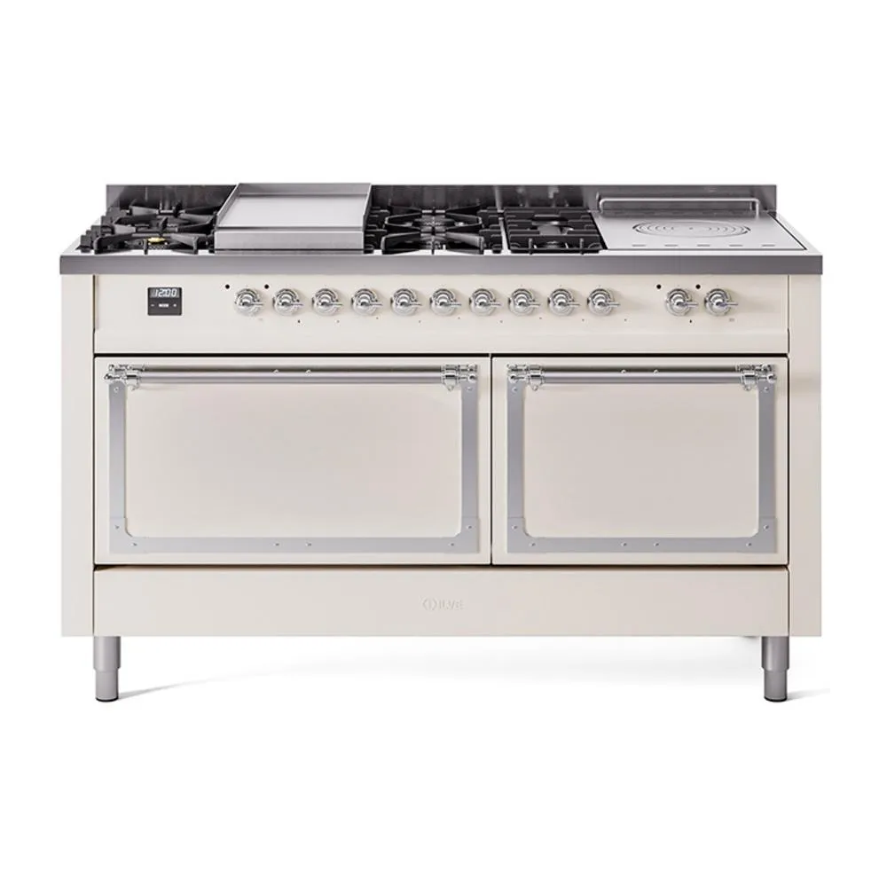 Ilve UN60FSQNMPAWC Ilve Un60Fsqnmpawc Nostalgie Ii Noblesse 60" Dual Fuel Range (7 Sealed Burners   Griddle   French Top, Natural Gas, Solid Door, Antique White, Chrome)