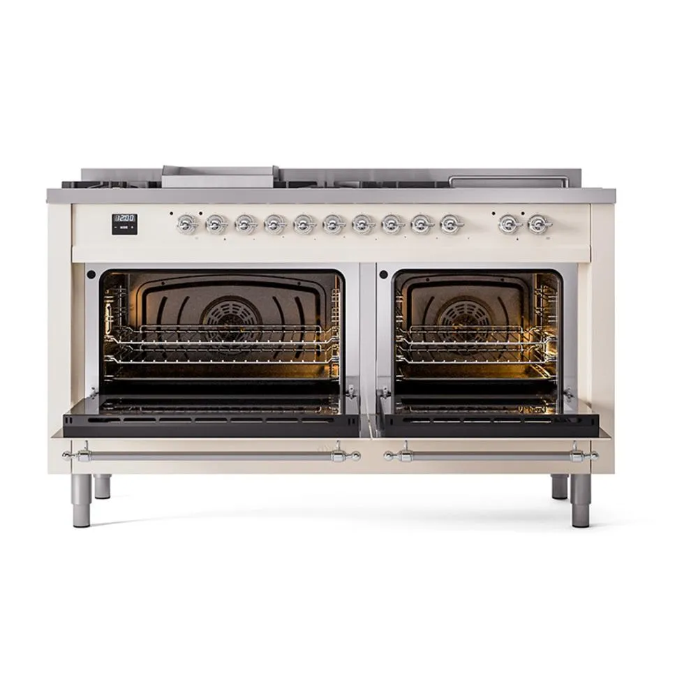 Ilve UN60FSQNMPAWC Ilve Un60Fsqnmpawc Nostalgie Ii Noblesse 60" Dual Fuel Range (7 Sealed Burners   Griddle   French Top, Natural Gas, Solid Door, Antique White, Chrome)