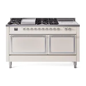 Ilve UN60FSQNMPAWC Ilve Un60Fsqnmpawc Nostalgie Ii Noblesse 60" Dual Fuel Range (7 Sealed Burners   Griddle   French Top, Natural Gas, Solid Door, Antique White, Chrome)