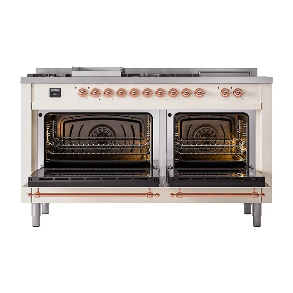 Ilve UN60FSQNMPAWP Ilve Un60Fsqnmpawp Nostalgie Ii Noblesse 60" Dual Fuel Range (7 Sealed Burners   Griddle   French Top, Natural Gas, Solid Door, Antique White, Copper)