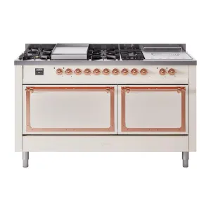Ilve UN60FSQNMPAWP Ilve Un60Fsqnmpawp Nostalgie Ii Noblesse 60" Dual Fuel Range (7 Sealed Burners   Griddle   French Top, Natural Gas, Solid Door, Antique White, Copper)