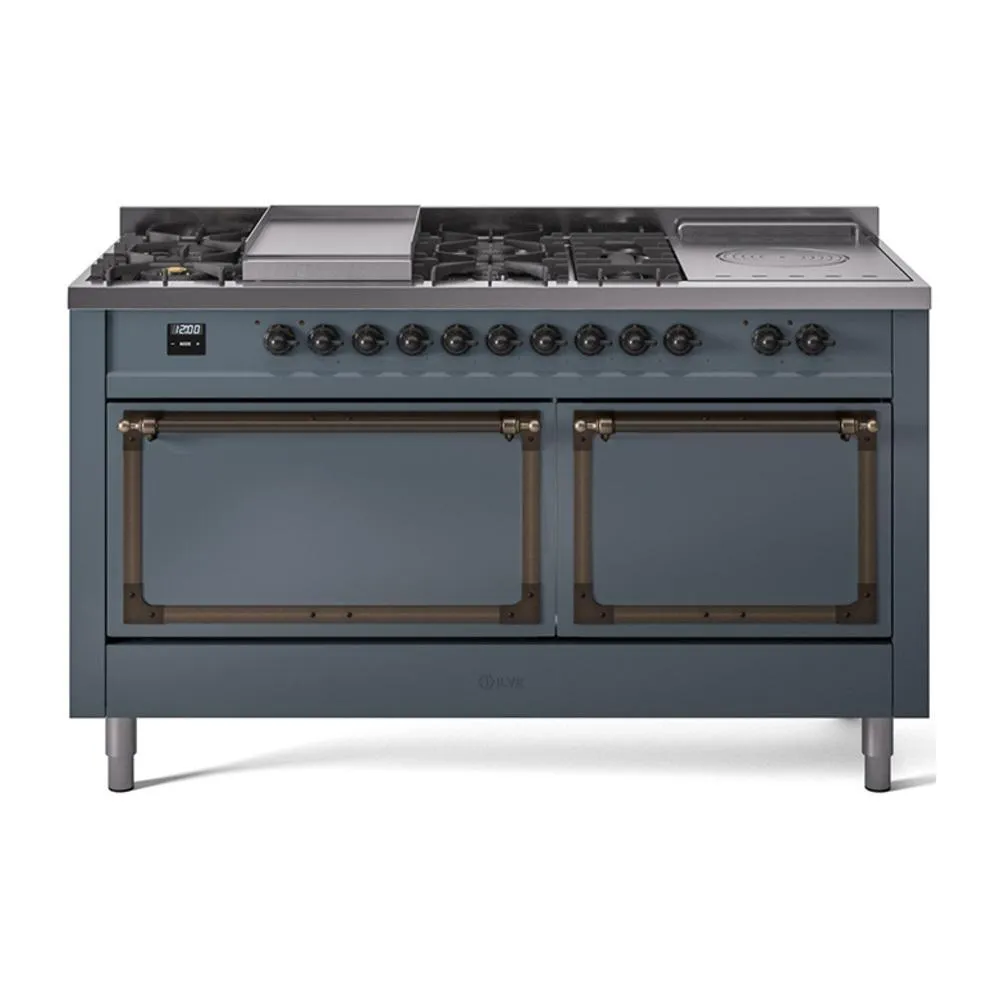 Ilve UN60FSQNMPBGBLP Ilve Un60Fsqnmpbgblp Nostalgie Ii Noblesse 60" Dual Fuel Range (7 Sealed Burners   Griddle   French Top, Liquid Propane, Solid Door, Blue Grey, Burnished)