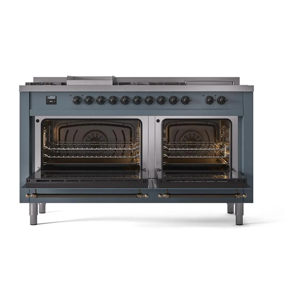 Ilve UN60FSQNMPBGBLP Ilve Un60Fsqnmpbgblp Nostalgie Ii Noblesse 60" Dual Fuel Range (7 Sealed Burners   Griddle   French Top, Liquid Propane, Solid Door, Blue Grey, Burnished)