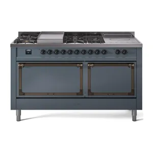 Ilve UN60FSQNMPBGBLP Ilve Un60Fsqnmpbgblp Nostalgie Ii Noblesse 60" Dual Fuel Range (7 Sealed Burners   Griddle   French Top, Liquid Propane, Solid Door, Blue Grey, Burnished)