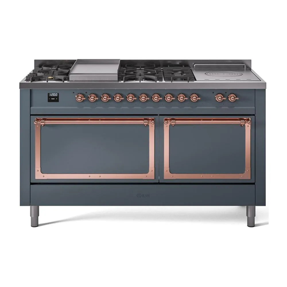 Ilve UN60FSQNMPBGPLP Ilve Un60Fsqnmpbgplp Nostalgie Ii Noblesse 60" Dual Fuel Range (7 Sealed Burners   Griddle   French Top, Liquid Propane, Solid Door, Blue Grey, Copper)