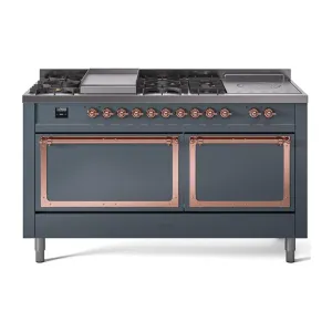 Ilve UN60FSQNMPBGPLP Ilve Un60Fsqnmpbgplp Nostalgie Ii Noblesse 60" Dual Fuel Range (7 Sealed Burners   Griddle   French Top, Liquid Propane, Solid Door, Blue Grey, Copper)