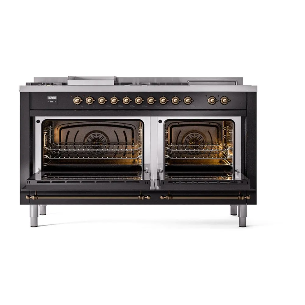 Ilve UN60FSQNMPBKBLP Ilve Un60Fsqnmpbkblp Nostalgie Ii Noblesse 60" Dual Fuel Range (7 Sealed Burners   Griddle   French Top, Liquid Propane, Solid Door, Glossy Black, Burnished)