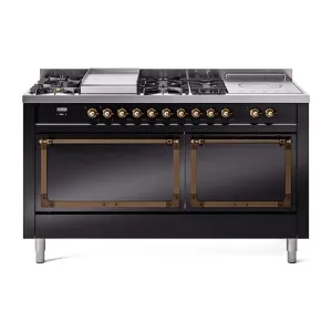 Ilve UN60FSQNMPBKBLP Ilve Un60Fsqnmpbkblp Nostalgie Ii Noblesse 60" Dual Fuel Range (7 Sealed Burners   Griddle   French Top, Liquid Propane, Solid Door, Glossy Black, Burnished)