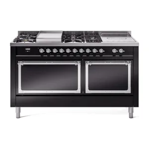 Ilve UN60FSQNMPBKCLP Ilve Un60Fsqnmpbkclp Nostalgie Ii Noblesse 60" Dual Fuel Range (7 Sealed Burners   Griddle   French Top, Liquid Propane, Solid Door, Glossy Black, Chrome)