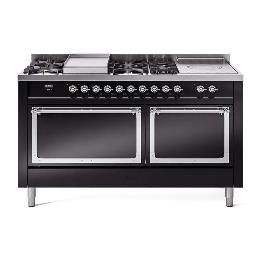 Ilve UN60FSQNMPBKCLP Ilve Un60Fsqnmpbkclp Nostalgie Ii Noblesse 60" Dual Fuel Range (7 Sealed Burners   Griddle   French Top, Liquid Propane, Solid Door, Glossy Black, Chrome)