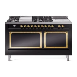 Ilve UN60FSQNMPBKG Ilve Un60Fsqnmpbkg Nostalgie Ii Noblesse 60" Dual Fuel Range (7 Sealed Burners   Griddle   French Top, Natural Gas, Solid Door, Glossy Black, Brass)