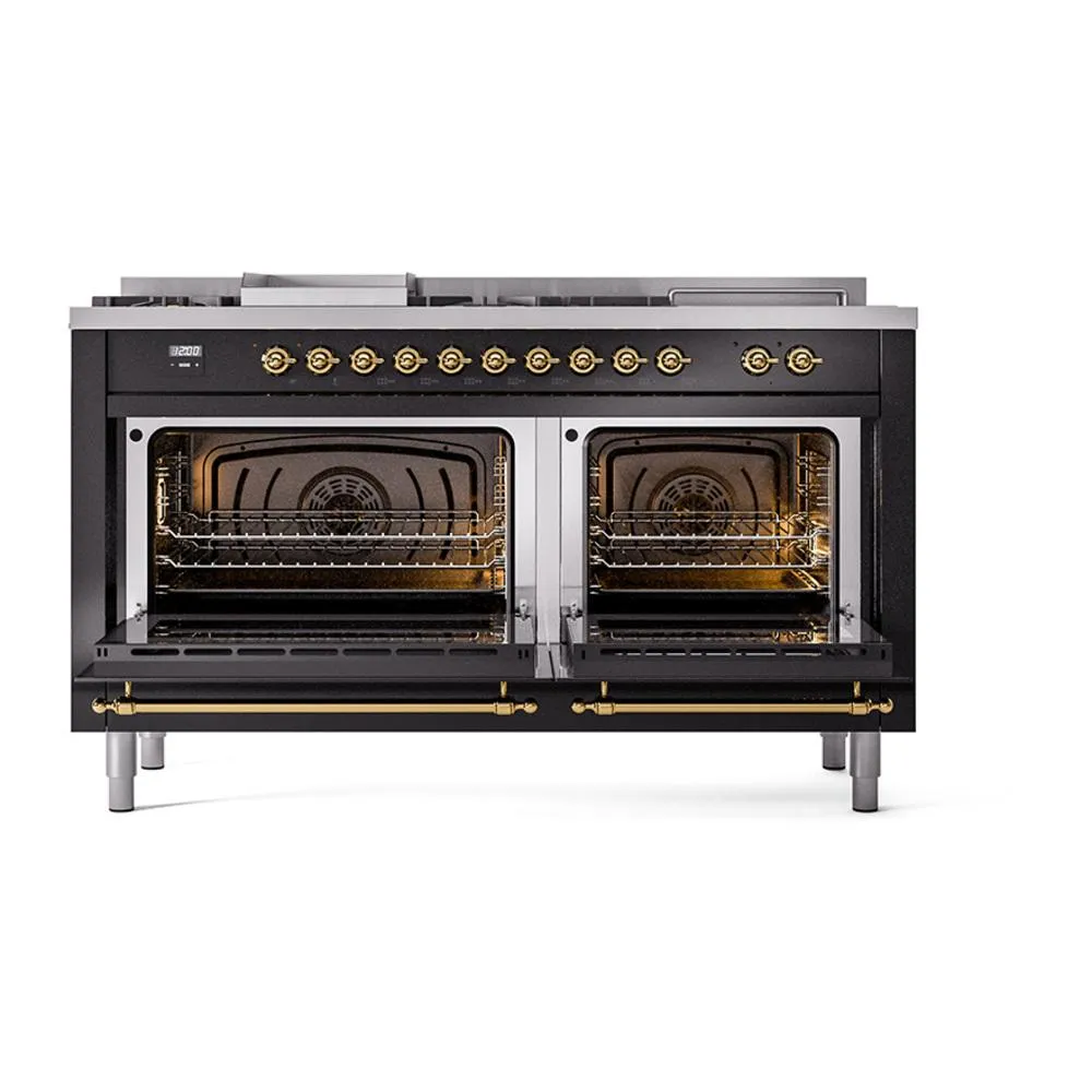 Ilve UN60FSQNMPBKG Ilve Un60Fsqnmpbkg Nostalgie Ii Noblesse 60" Dual Fuel Range (7 Sealed Burners   Griddle   French Top, Natural Gas, Solid Door, Glossy Black, Brass)