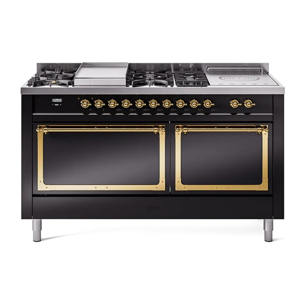 Ilve UN60FSQNMPBKG Ilve Un60Fsqnmpbkg Nostalgie Ii Noblesse 60" Dual Fuel Range (7 Sealed Burners   Griddle   French Top, Natural Gas, Solid Door, Glossy Black, Brass)
