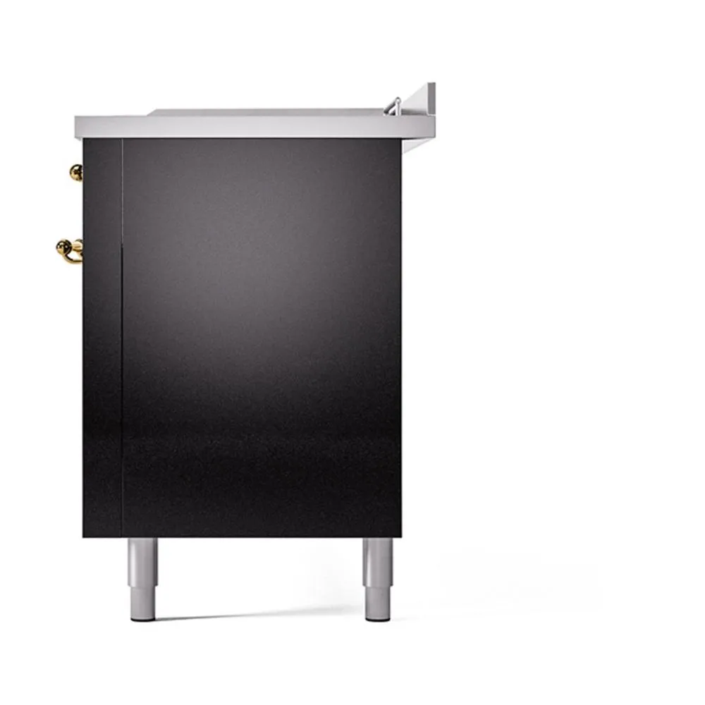 Ilve UN60FSQNMPBKG Ilve Un60Fsqnmpbkg Nostalgie Ii Noblesse 60" Dual Fuel Range (7 Sealed Burners   Griddle   French Top, Natural Gas, Solid Door, Glossy Black, Brass)