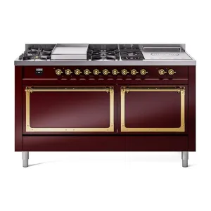 Ilve UN60FSQNMPBUGLP Ilve Un60Fsqnmpbuglp Nostalgie Ii Noblesse 60" Dual Fuel Range (7 Sealed Burners   Griddle   French Top, Liquid Propane, Solid Door, Burgundy, Brass)