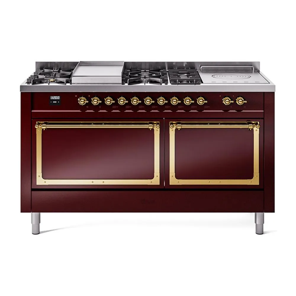 Ilve UN60FSQNMPBUGLP Ilve Un60Fsqnmpbuglp Nostalgie Ii Noblesse 60" Dual Fuel Range (7 Sealed Burners   Griddle   French Top, Liquid Propane, Solid Door, Burgundy, Brass)