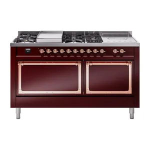 Ilve UN60FSQNMPBUP Ilve Un60Fsqnmpbup Nostalgie Ii Noblesse 60" Dual Fuel Range (7 Sealed Burners   Griddle   French Top, Natural Gas, Solid Door, Burgundy, Copper)