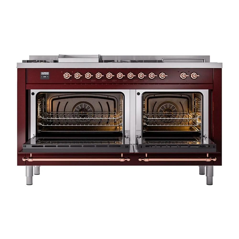 Ilve UN60FSQNMPBUP Ilve Un60Fsqnmpbup Nostalgie Ii Noblesse 60" Dual Fuel Range (7 Sealed Burners   Griddle   French Top, Natural Gas, Solid Door, Burgundy, Copper)