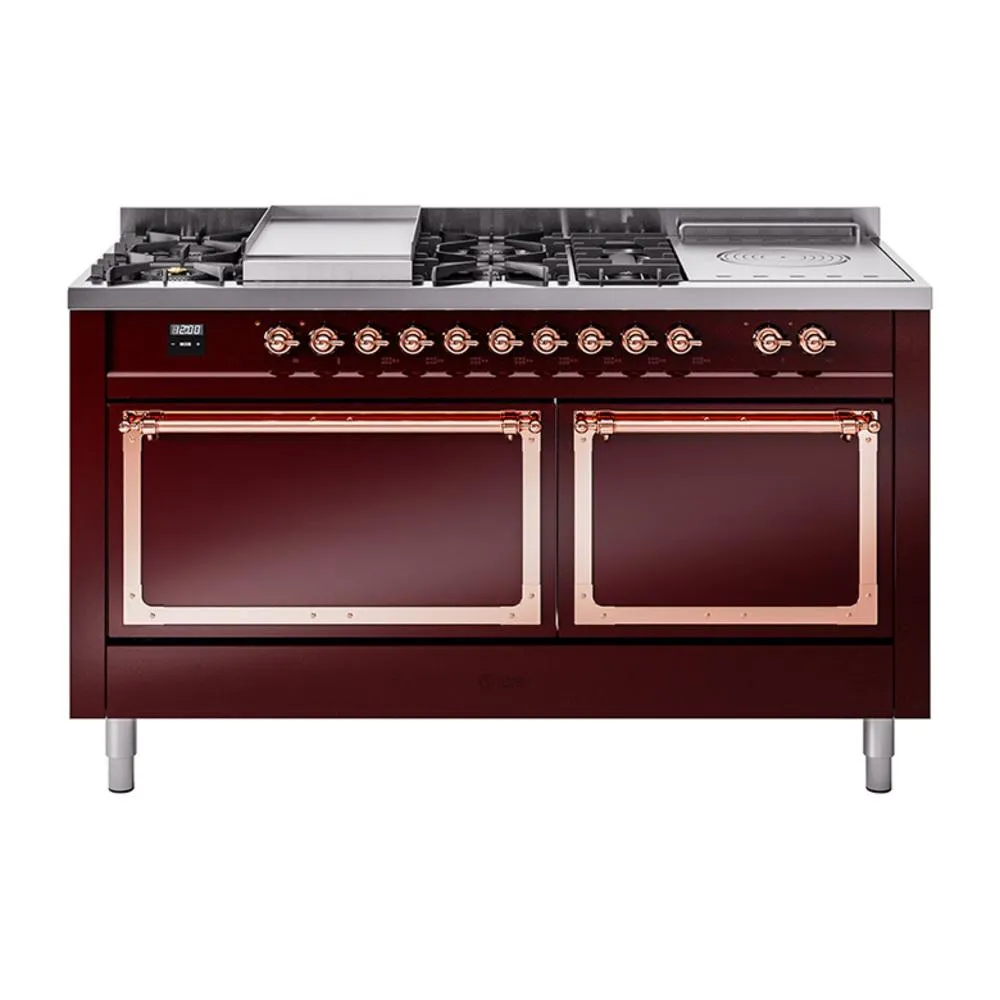 Ilve UN60FSQNMPBUP Ilve Un60Fsqnmpbup Nostalgie Ii Noblesse 60" Dual Fuel Range (7 Sealed Burners   Griddle   French Top, Natural Gas, Solid Door, Burgundy, Copper)