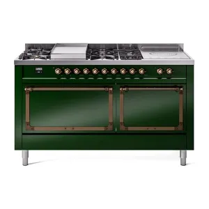 Ilve UN60FSQNMPEGBLP Ilve Un60Fsqnmpegblp Nostalgie Ii Noblesse 60" Dual Fuel Range (7 Sealed Burners   Griddle   French Top, Liquid Propane, Solid Door, Emerald Green, Burnished)