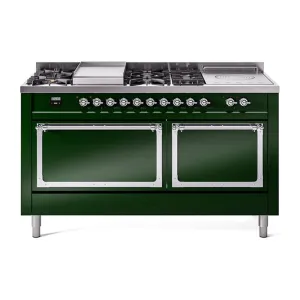 Ilve UN60FSQNMPEGC Ilve Un60Fsqnmpegc Nostalgie Ii Noblesse 60" Dual Fuel Range (7 Sealed Burners   Griddle   French Top, Natural Gas, Solid Door, Emerald Green, Chrome)
